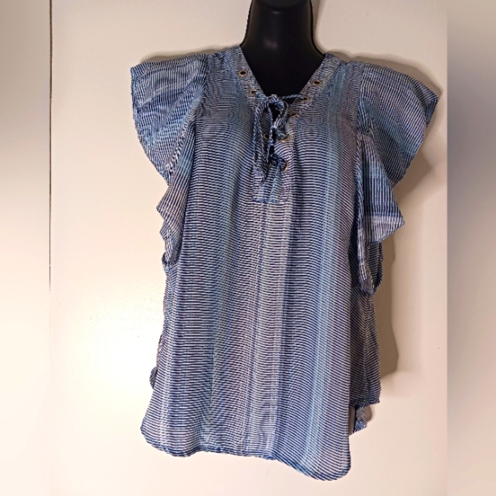 a.n.a A New Approach Flutter Sleeve‎ Lace Up Blue Stripe Top Size Small